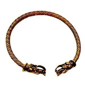 Norse Wolf Head Bracelet – Gold Tone Twisted Rope Cuff